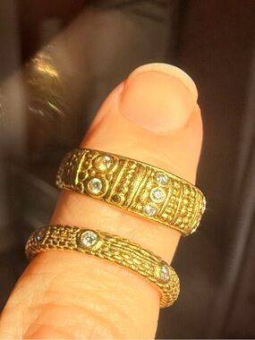 Gold Textured Band Ring with Clear Crystal Accents - Women Jewelry